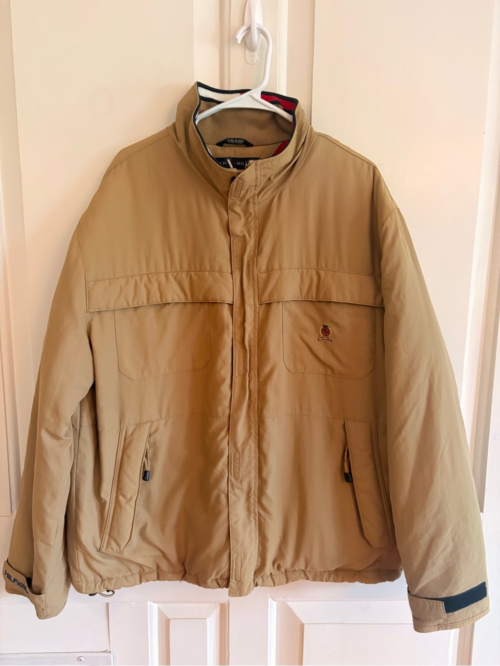 Vtg Tommy Hilfiger Lion Crest Sailing Jacket Mens Beige Tan Sailing Puffer XXL